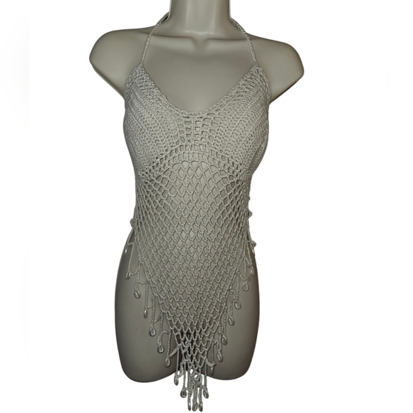 Hand Crafted Tan Crop-Top Fishnet triangular Design Hand Knit Crochet Swim Cover - Picture 3 of 17